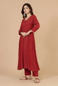 Maroon Rayon Hand Block Printed Flared Kurta image 3