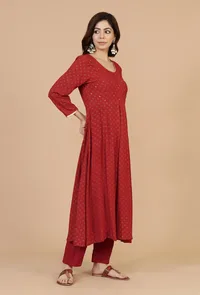 Maroon Rayon Hand Block Printed Flared Kurta image 4