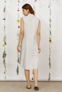 Grey Cotton Khadi Straight Asymmetrical Collar Dress image 4