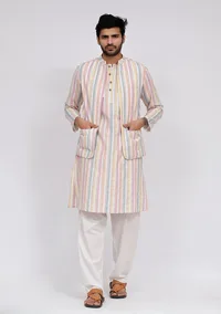 Set of 3: White Stripe Nehru Jacket With White Stripe Kurta and White pajama image 1