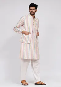 Set of 3: White Stripe Nehru Jacket With White Stripe Kurta and White pajama image 2