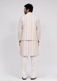 Set of 3: White Stripe Nehru Jacket With White Stripe Kurta and White pajama image 3