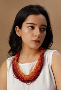 Scarlet Orange Red Contrast Thread Tribal Necklace image 1
