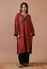 Carmine Pink Woolen Sozni Embroidered Phiran- Free Size image 1