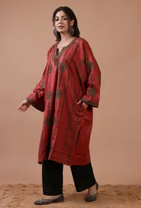 Carmine Pink Woolen Sozni Embroidered Phiran- Free Size image 2