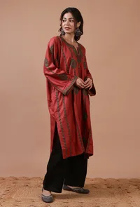 Carmine Pink Woolen Sozni Embroidered Phiran- Free Size image 3