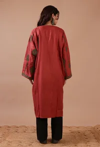 Carmine Pink Woolen Sozni Embroidered Phiran- Free Size image 4