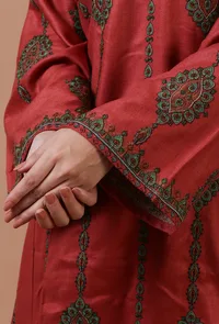 Carmine Pink Woolen Sozni Embroidered Phiran- Free Size image 6