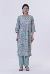 Set Of 2: Blue Cotton Kurta With Pant Set image 2