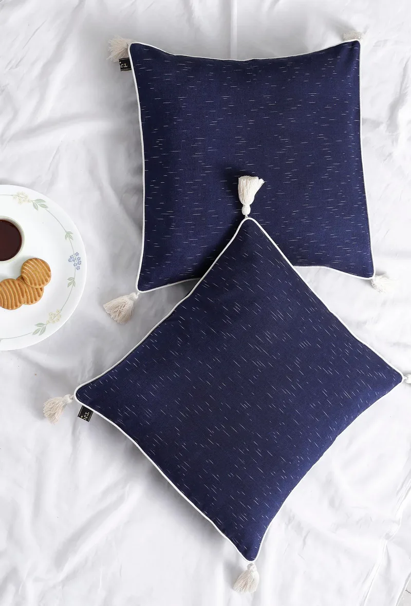 Set of 2: Amber Blue Ikat Cotton Cushion Covers