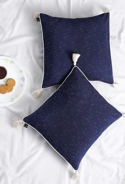 Set of 2: Amber Blue Ikat Cotton Cushion Covers