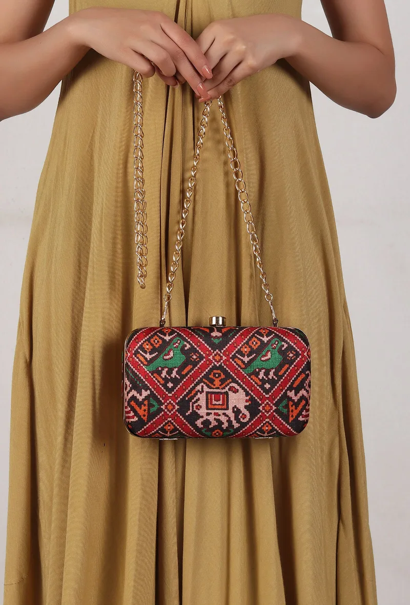 Tia Black & Multi Patola Print Rectangular Box Clutch