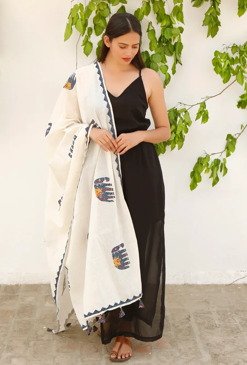 White Cotton Dupatta with Azure Blue Animal Appliqué work