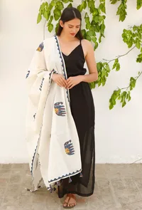 White Cotton Dupatta with Azure Blue Animal Appliqué work image 1
