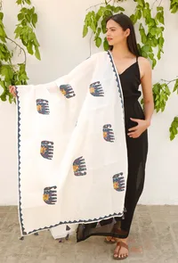 White Cotton Dupatta with Azure Blue Animal Appliqué work image 2