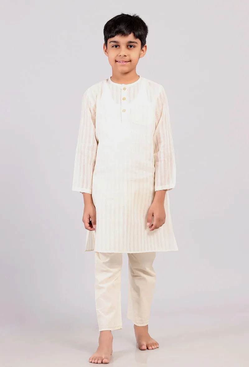 Set Of 2: White Cotton Stripes Kurta Pyjama