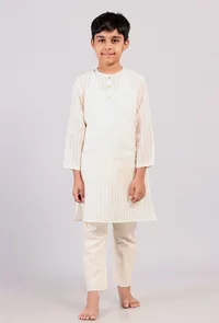Set Of 2: White Cotton Stripes Kurta Pyjama image 1