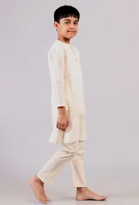Set Of 2: White Cotton Stripes Kurta Pyjama image 3