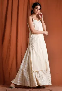 Set of 2- White Cotton Slip Kurta with Umbrella Skirt image 2