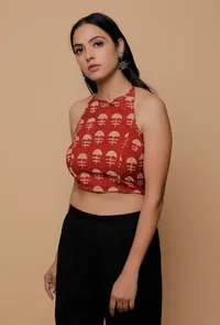 Red Handblock Printed Cotton halter Neck Blouse image 1