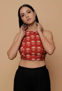 Red Handblock Printed Cotton halter Neck Blouse image 2