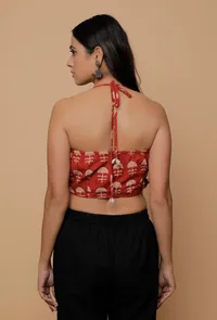Red Handblock Printed Cotton halter Neck Blouse image 3