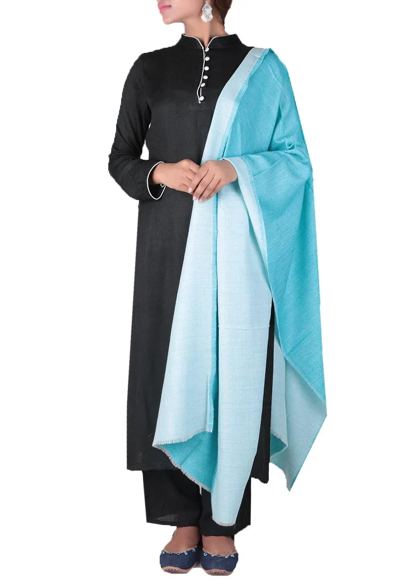 Black spun wool kurta & palazzo set with Turquoise & light blue reversible stole