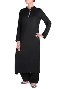 Black spun wool kurta & palazzo set with Turquoise & light blue reversible stole image 2