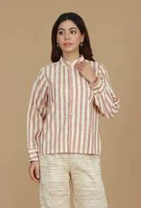 Beige Striped Cotton Shirt with Mandarin Collar image 1