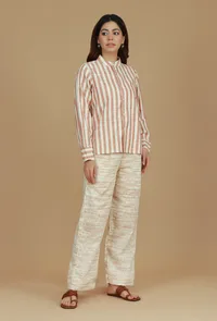 Beige Striped Cotton Shirt with Mandarin Collar image 2