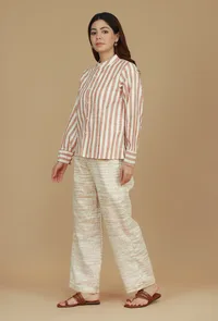 Beige Striped Cotton Shirt with Mandarin Collar image 3