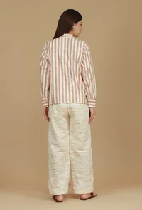 Beige Striped Cotton Shirt with Mandarin Collar image 4