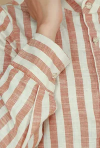 Beige Striped Cotton Shirt with Mandarin Collar image 6