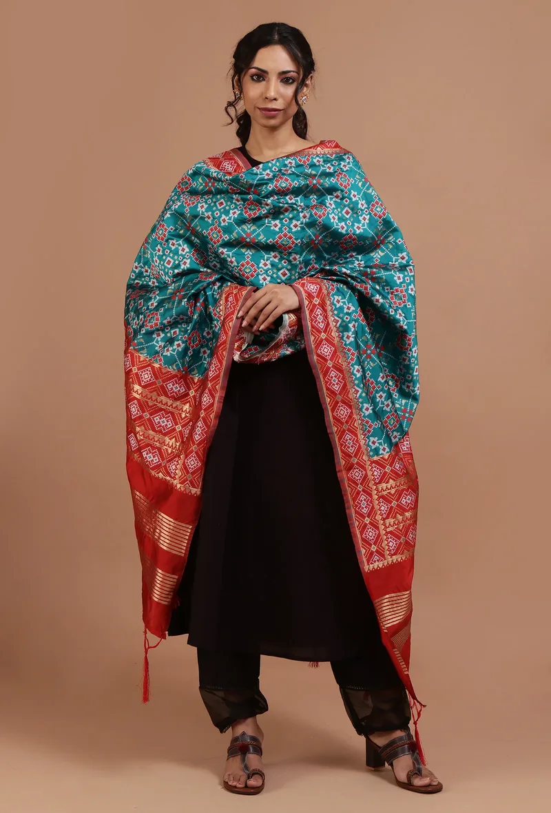 Blue & Red Color Semi Silk Dupatta With Zari Weaving