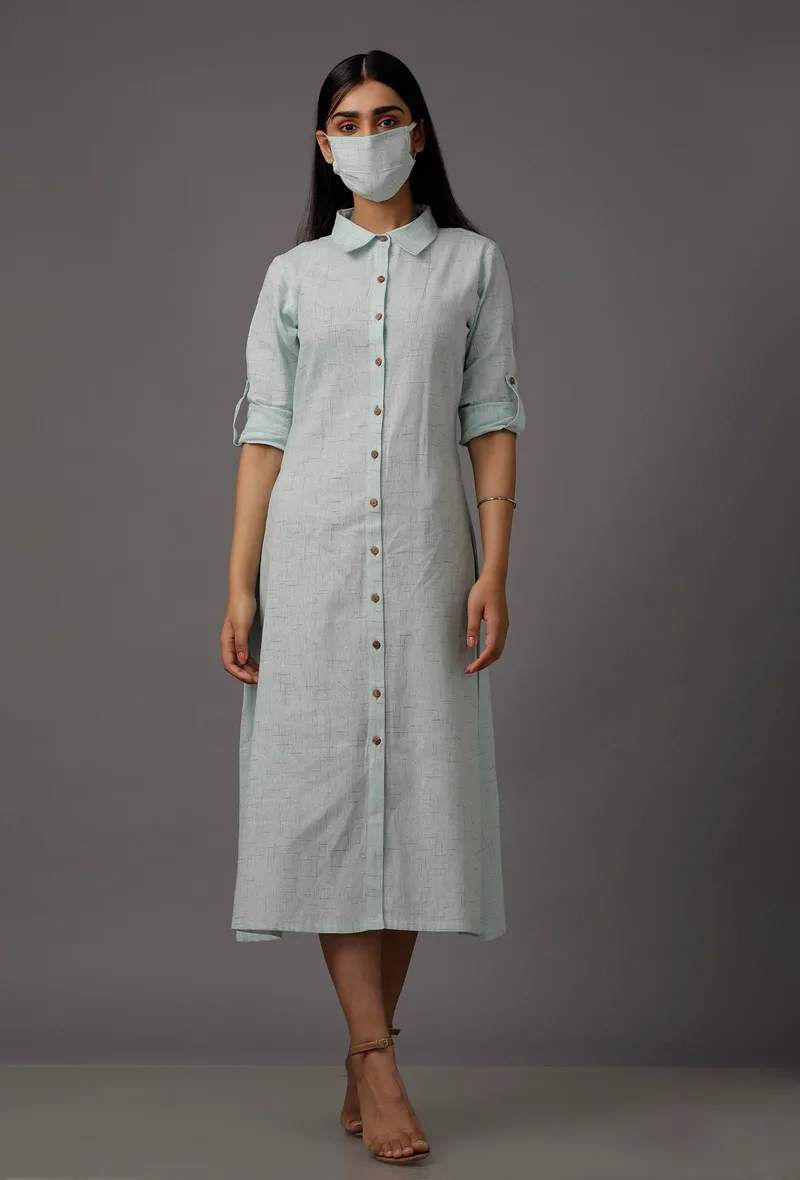 Blue A-Line Pure Woven Cotton Shirt Dress with Complimentary Matching Mask