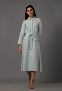 Blue A-Line Pure Woven Cotton Shirt Dress with Complimentary Matching Mask image 2