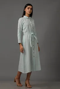 Blue A-Line Pure Woven Cotton Shirt Dress with Complimentary Matching Mask image 3