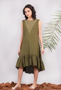 Olive Green Kantha Asymmetrical Tiered Dress image 1