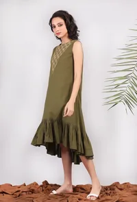 Olive Green Kantha Asymmetrical Tiered Dress image 2