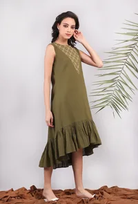 Olive Green Kantha Asymmetrical Tiered Dress image 3