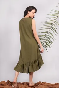 Olive Green Kantha Asymmetrical Tiered Dress image 4