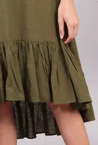 Olive Green Kantha Asymmetrical Tiered Dress image 6