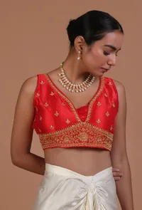 Red Color Raw Silk Embroidered Blouse image 1