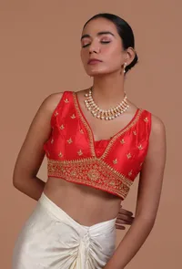 Red Color Raw Silk Embroidered Blouse image 2