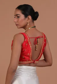 Red Color Raw Silk Embroidered Blouse image 4