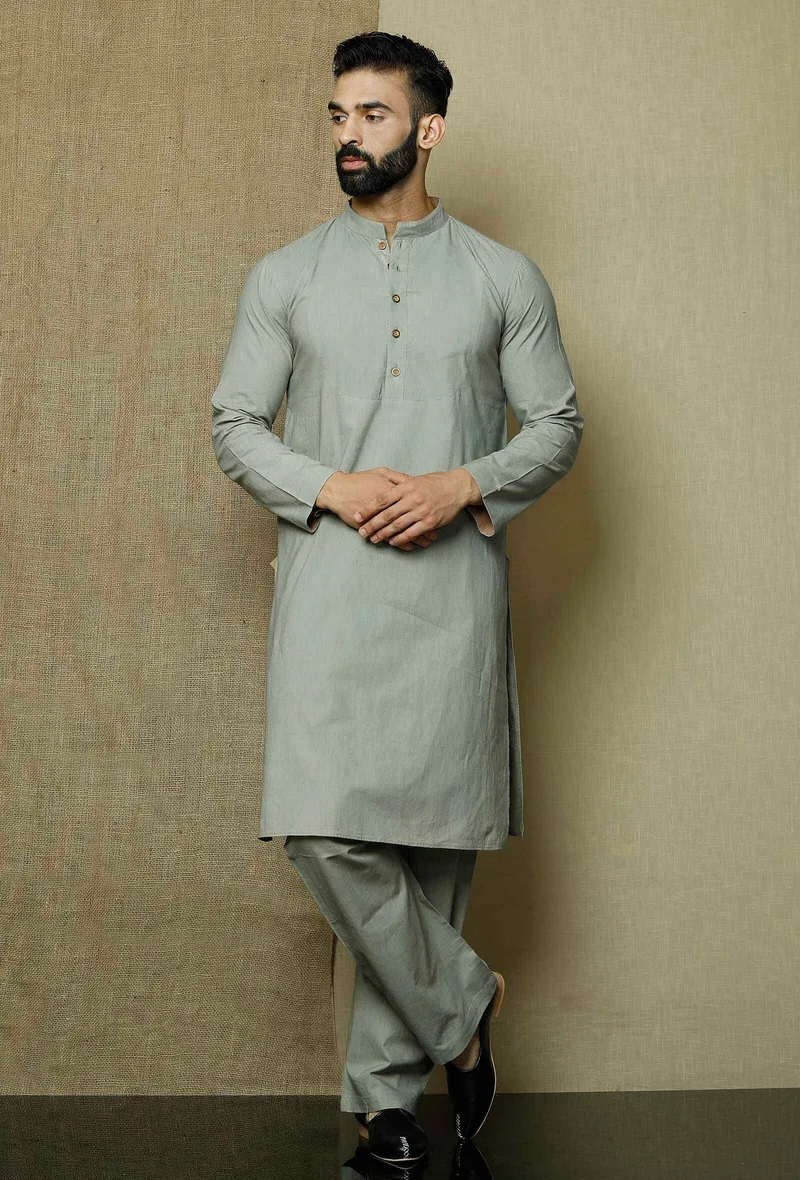 Set of 2:Grey Cotton Kurta with Yoke and Pyjama