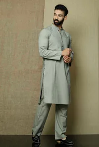Set of 2:Grey Cotton Kurta with Yoke and Pyjama image 2