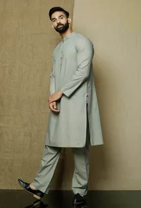 Set of 2:Grey Cotton Kurta with Yoke and Pyjama image 3