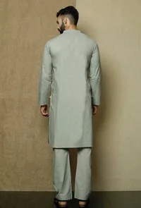 Set of 2:Grey Cotton Kurta with Yoke and Pyjama image 4