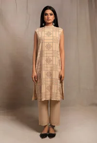 Set of 2: Ecru Hand Block Printed Sleeveless Kurta with Ecru Straight Fit Narrow Pants image 1